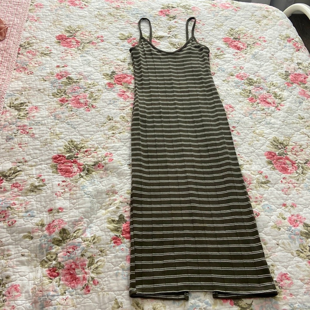 A long tight dress only worn once, olive green with white strips